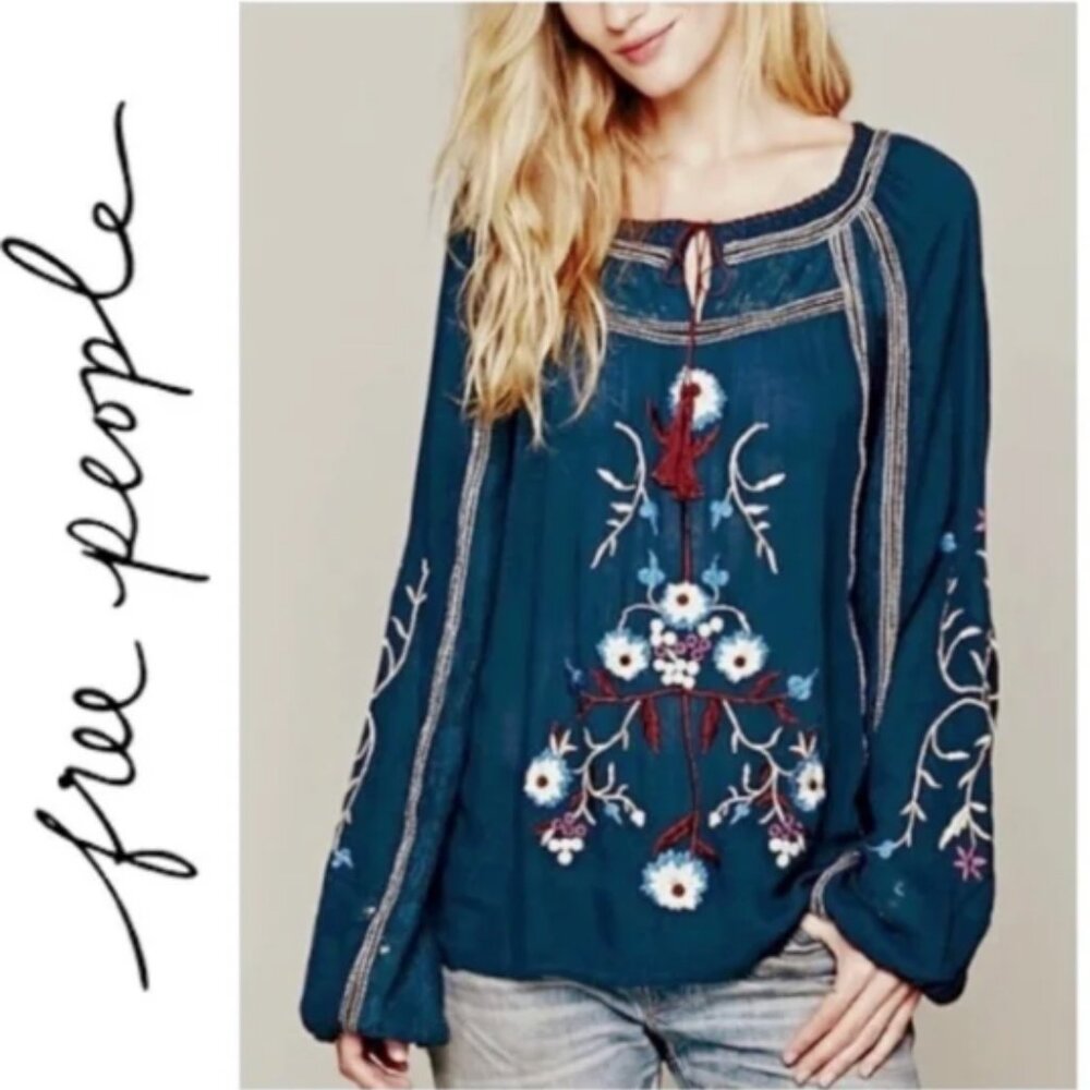 FREE PEOPLE TEAL TIGER LILY BOHO EMBROIDERED BLOUSE